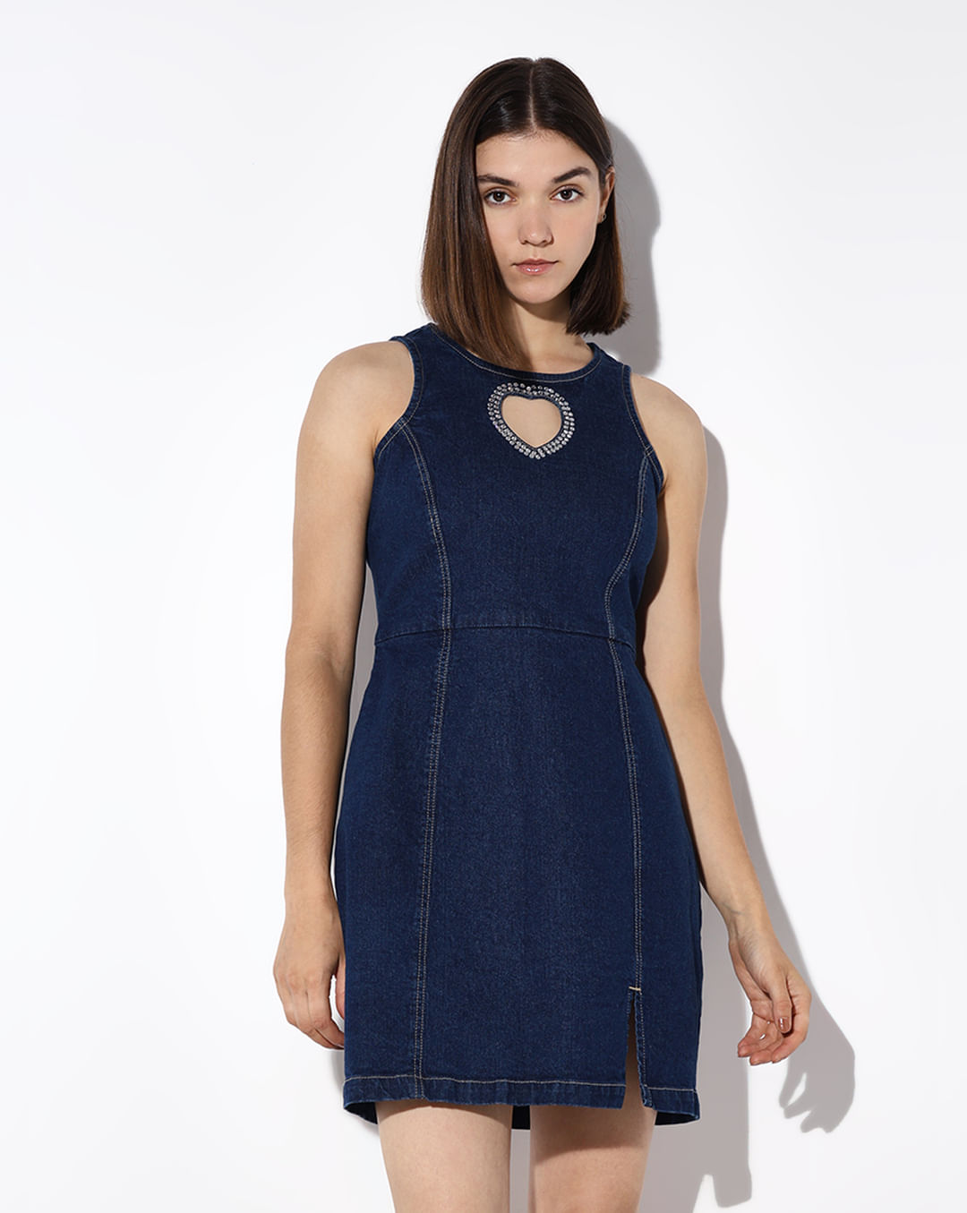 Blue Rhinestone Cut-Out Denim Dress