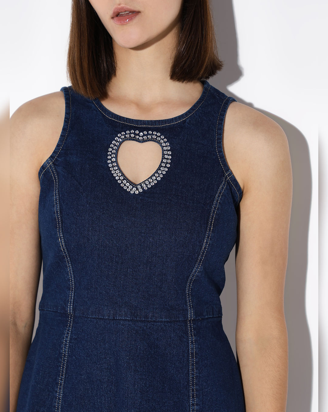 Blue Rhinestone Cut-Out Denim Dress