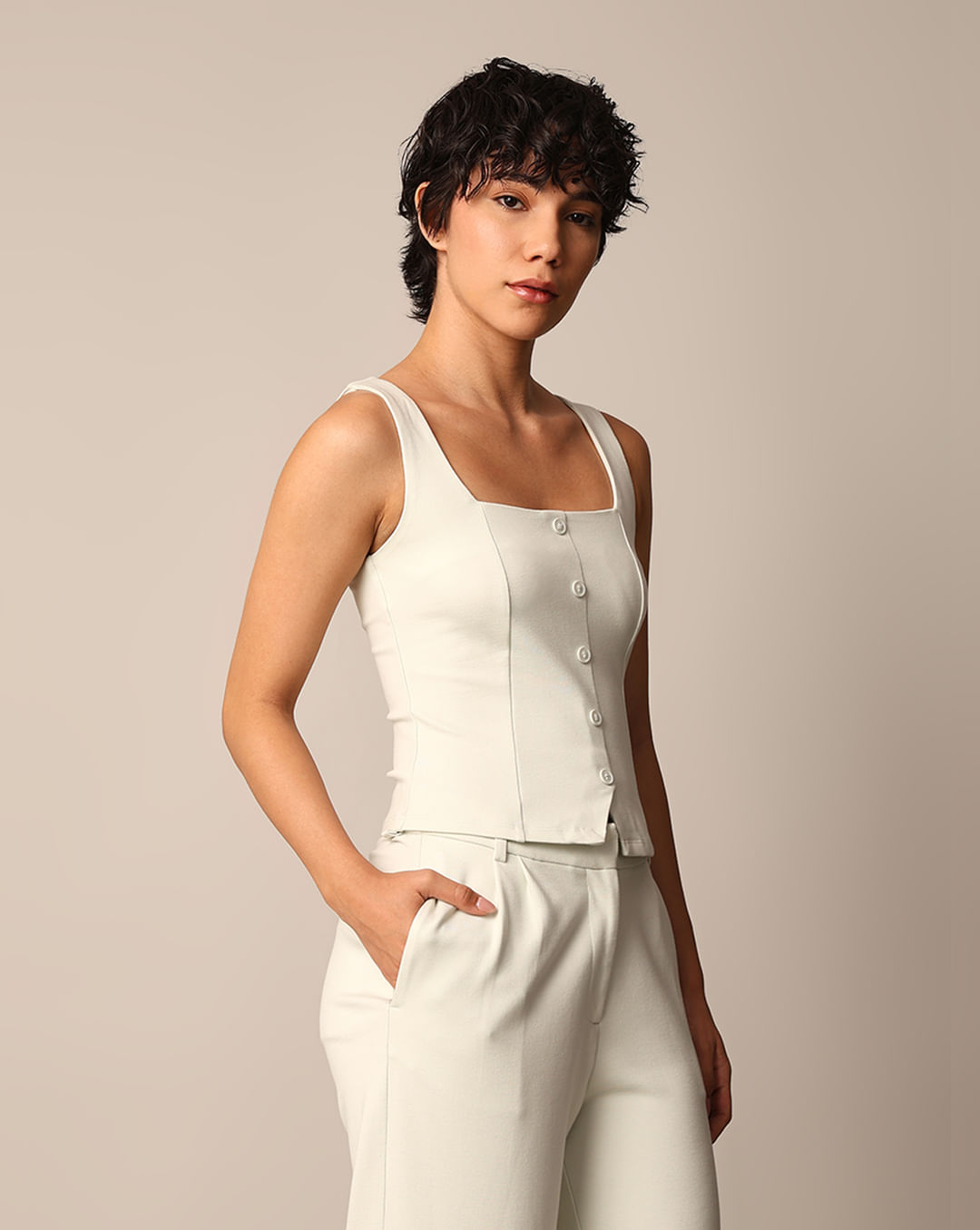 CREAM FRONT-BUTTON VEST TOP